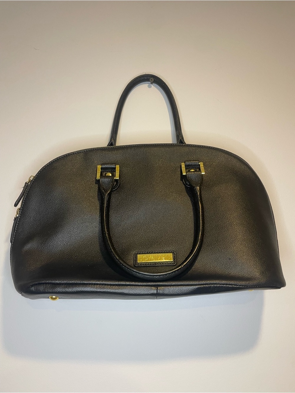 Joy & Iman Black Leather Dome Satchel - Gold Hardware